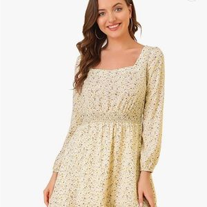 Allegra K Women's Smocked Waist Ruffle Square Neck Elegant Mini Floral Dress